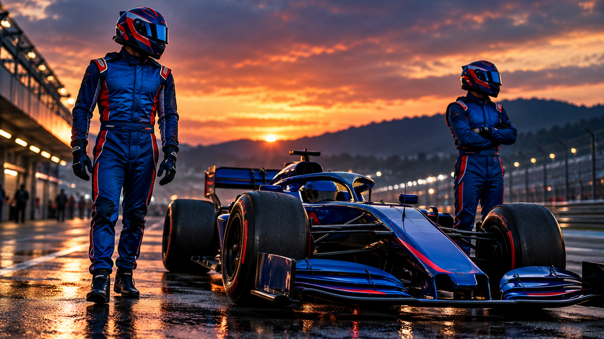AI-generated artwork of navy and royal blue racing suits beside a car for the Alex Albon designs guide.