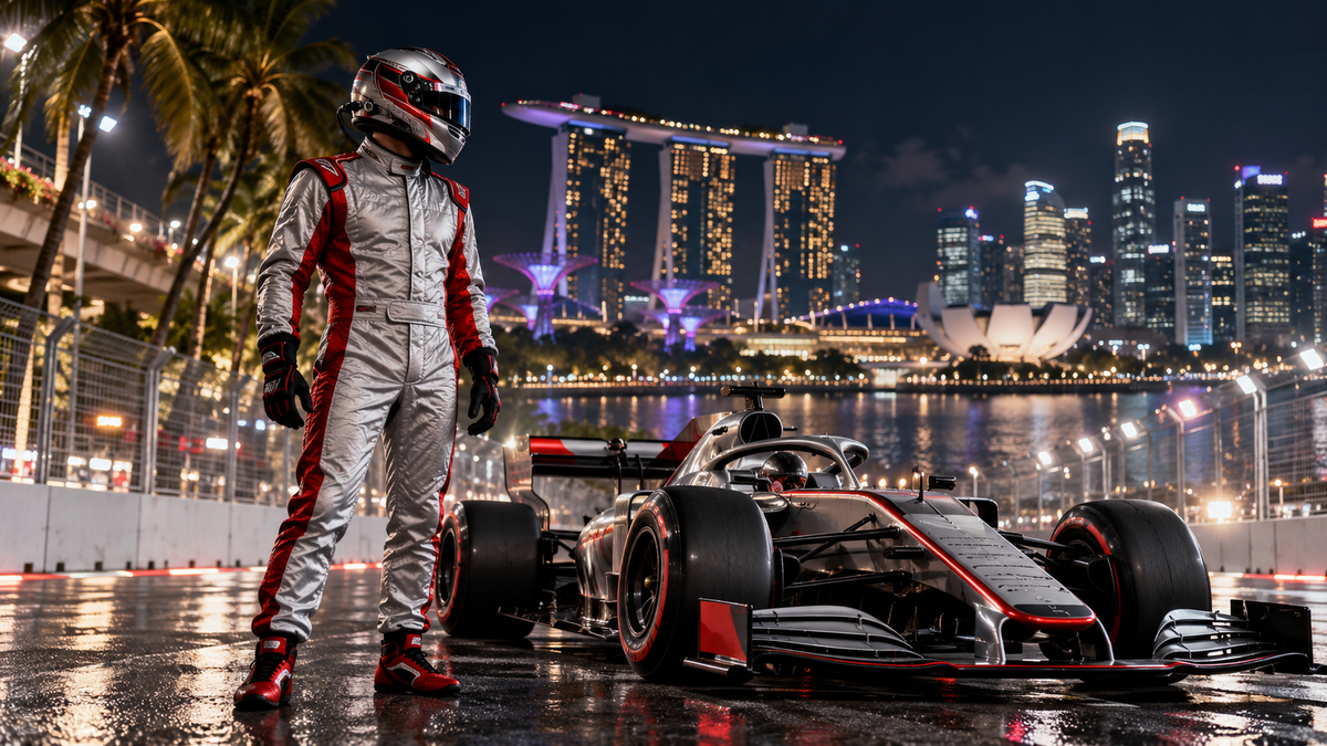 AI-generated conceptual night-racing scene with a silver and red suit and Singapore-inspired skyline.