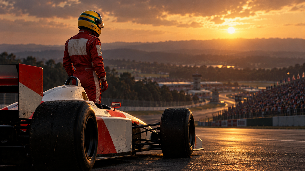 AI-generated classic motorsport tribute with a yellow helmet, red and white suit and vintage racing car for the Senna guide.