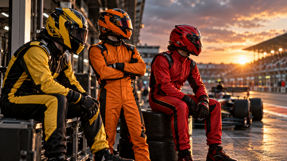 AI-generated artwork of yellow-black, orange and red racing suits representing eras in the Carlos Sainz guide.