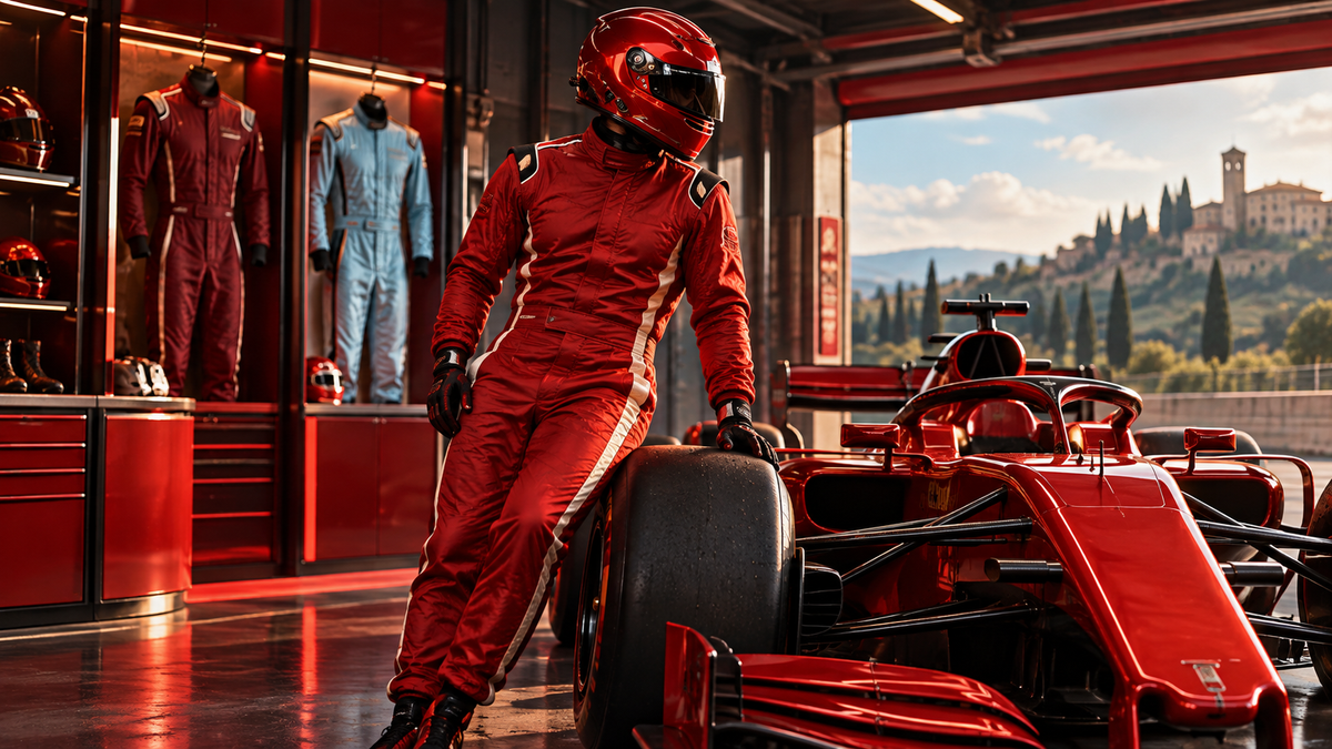 AI-generated red racing suit with burgundy and pale blue designs behind it for the Charles Leclerc suit guide.