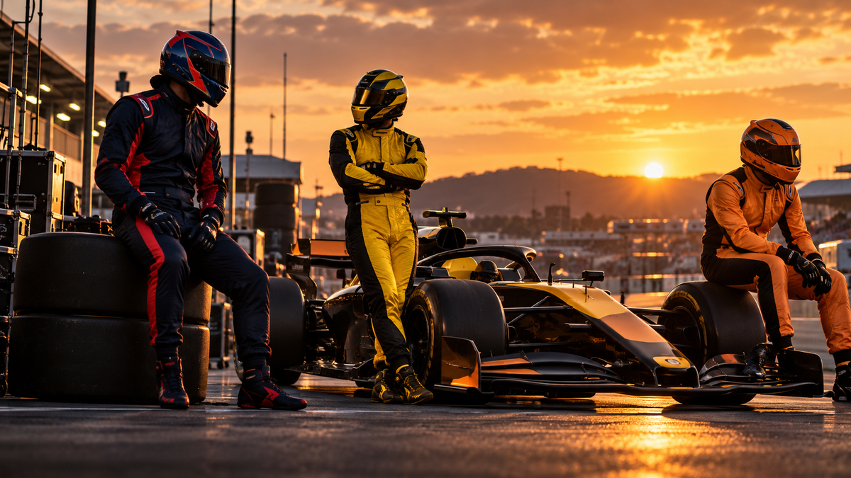 AI-generated navy, yellow and orange racing suits for the Daniel Ricciardo career designs guide.