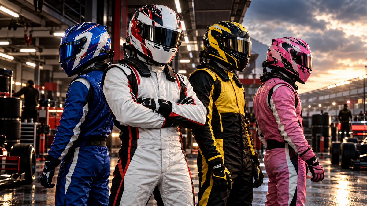 AI-generated racing figures in white, blue, yellow and pink suits for the Esteban Ocon career designs guide.