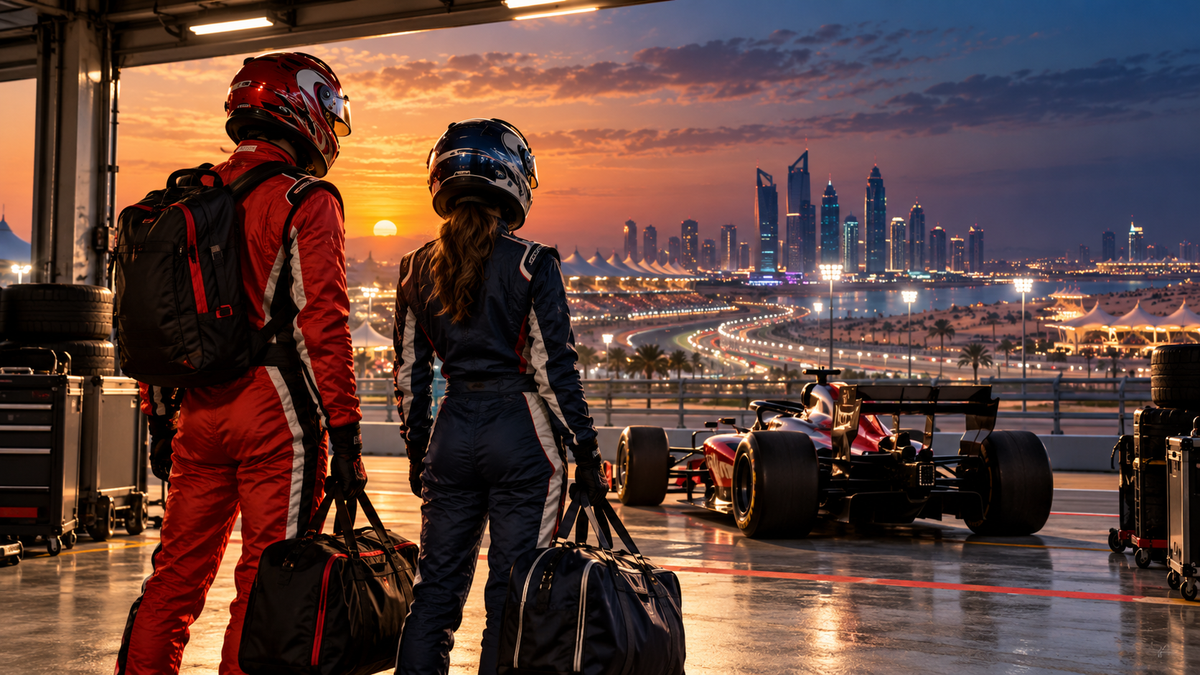 AI-generated fans in racing suits with travel bags at a sunset circuit for the remaining-races outfit planner.