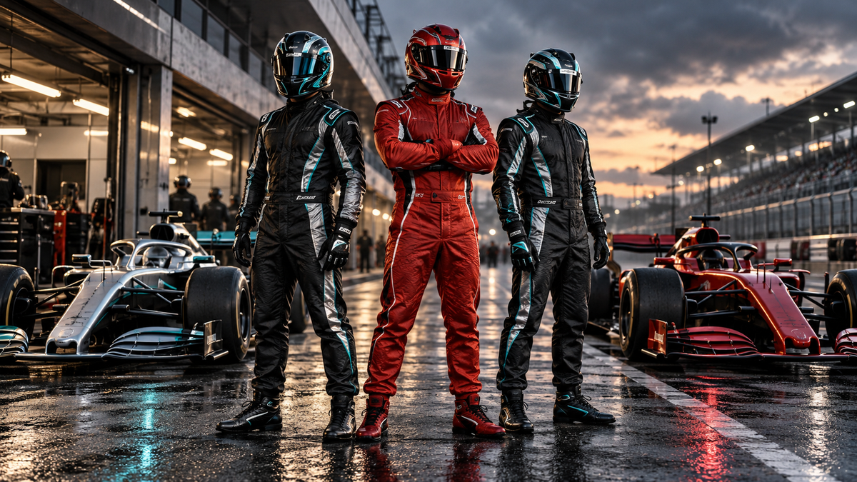 AI-generated racers in silver, black and red suits for the Antonelli, Russell and Hamilton fan guide.