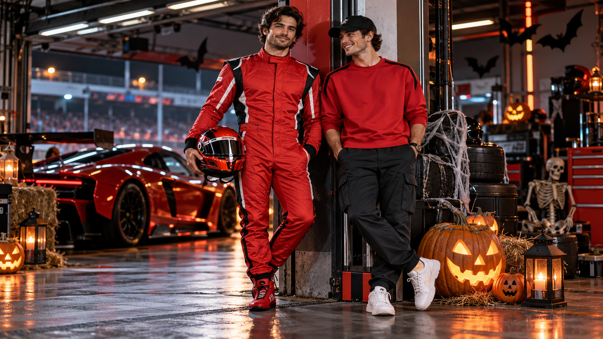 AI-generated comparison of a red racing suit and a casual red outfit for Halloween.