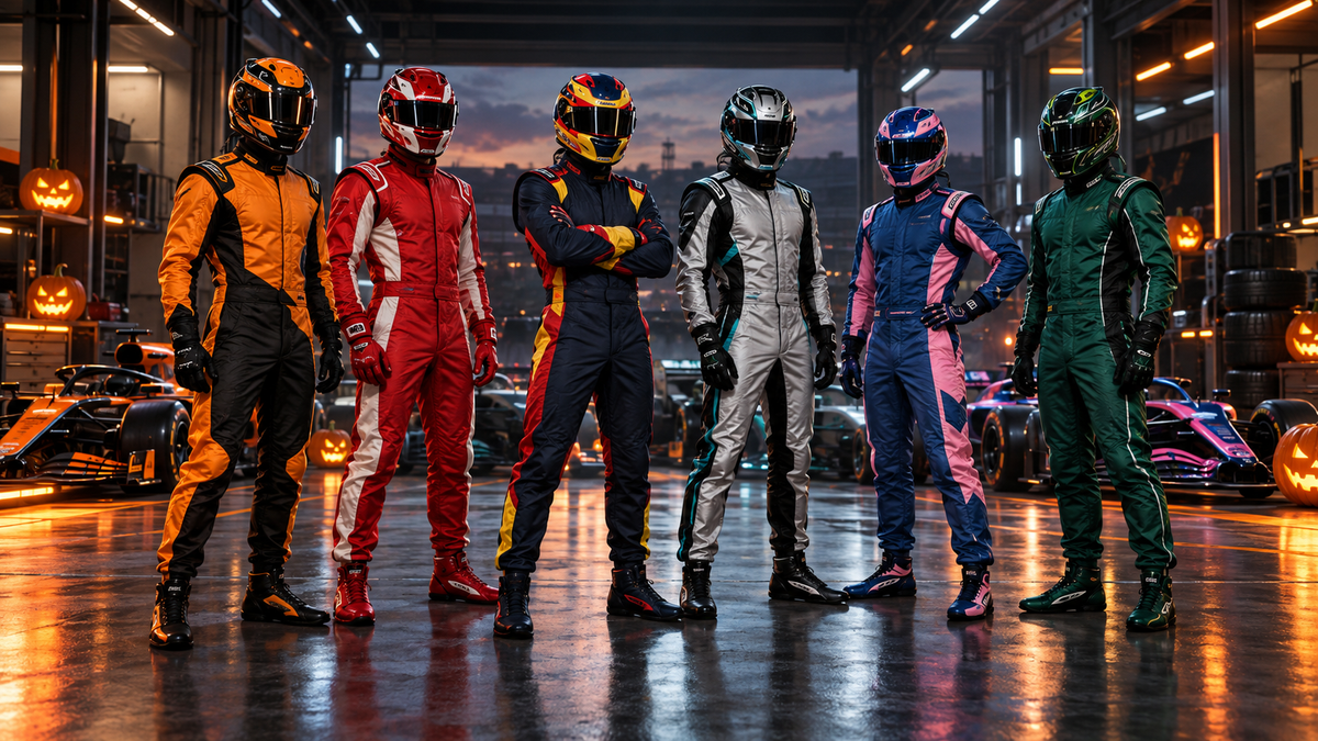 AI-generated racing suits in six team-inspired colour combinations with Halloween decorations.
