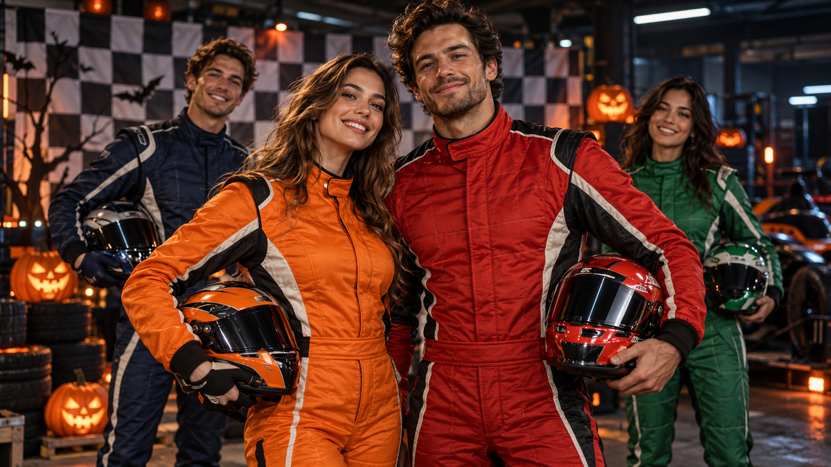 AI-generated couple and friends in colourful racing costumes at a Halloween photo backdrop.