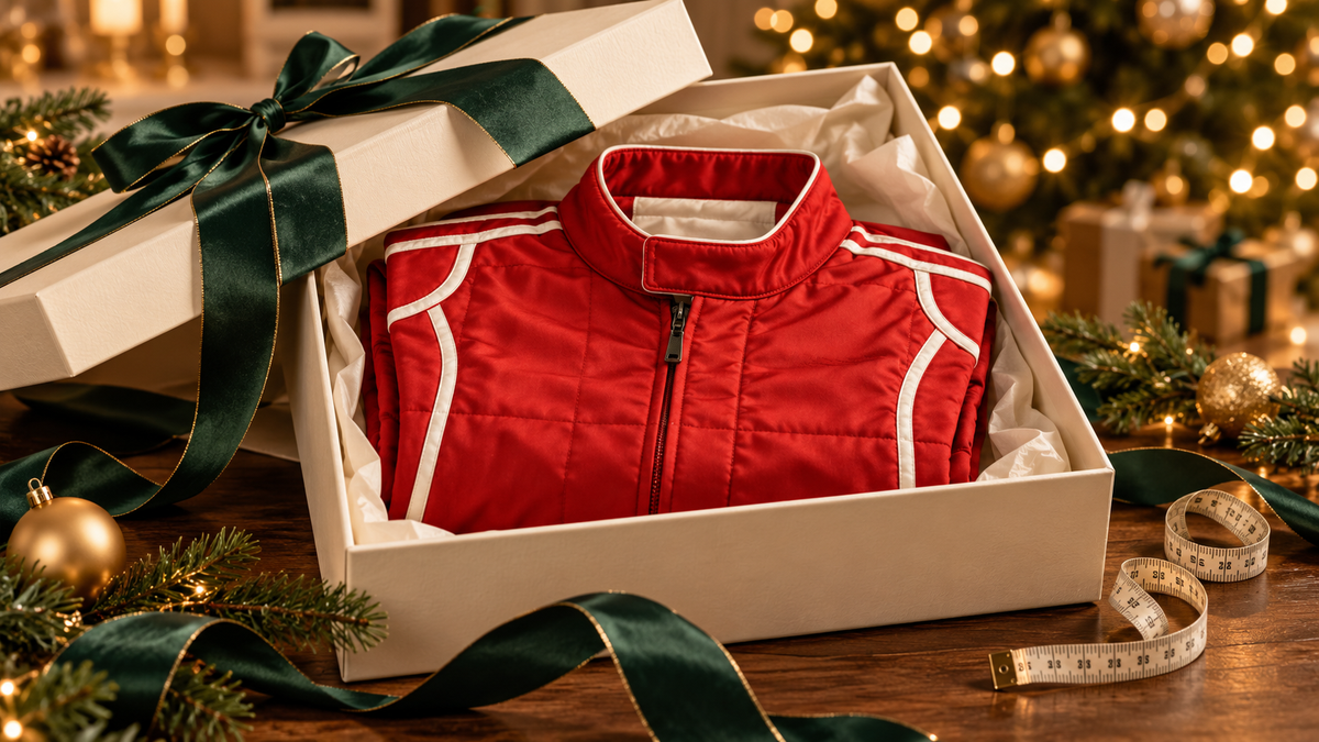 AI-generated editorial illustration of a folded red racing-style garment in a Christmas gift box with a measuring tape
