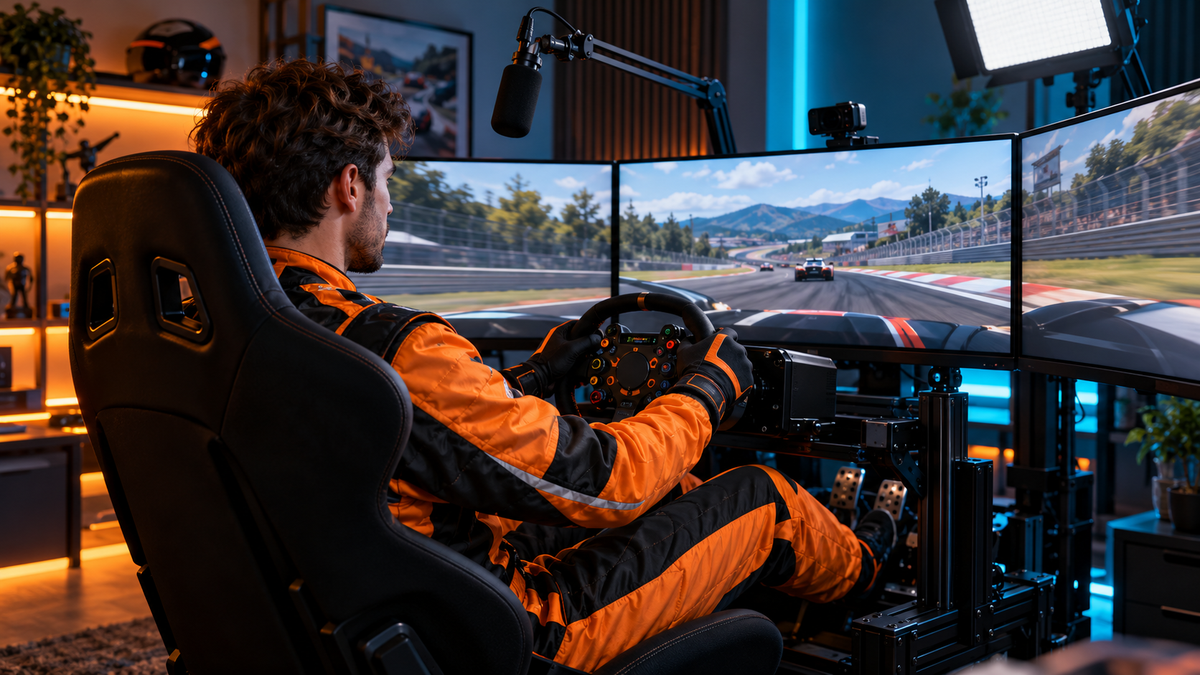 AI-generated creator in an orange racing suit using a home simulator with monitors, camera and microphone.