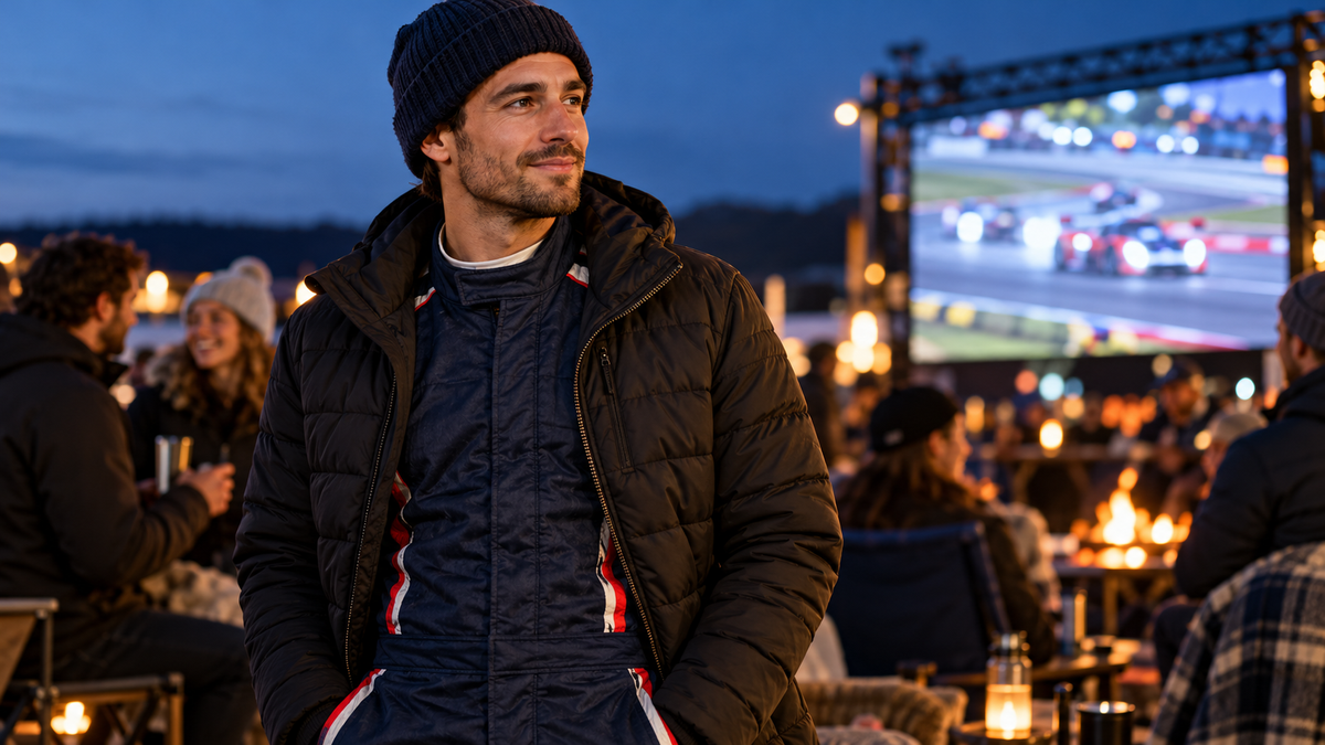 AI-generated fan wearing a jacket over a navy racing suit at a cool-weather outdoor watch party.