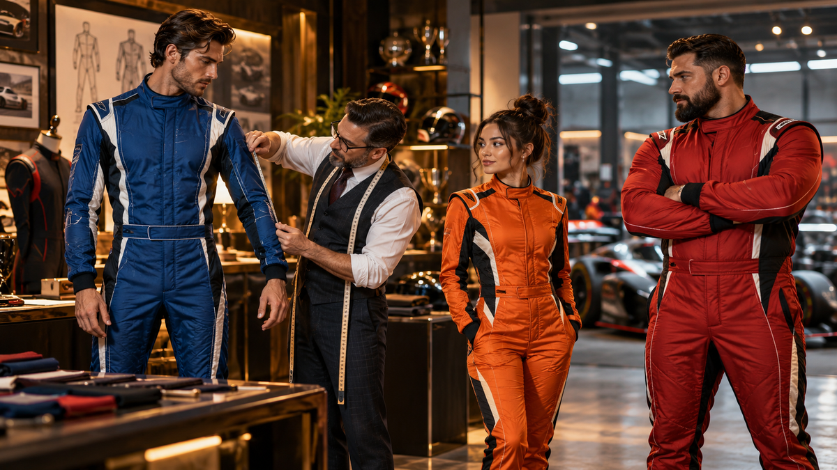AI-generated tall, petite and broad models in racing suits during a fitting in a tailoring studio.