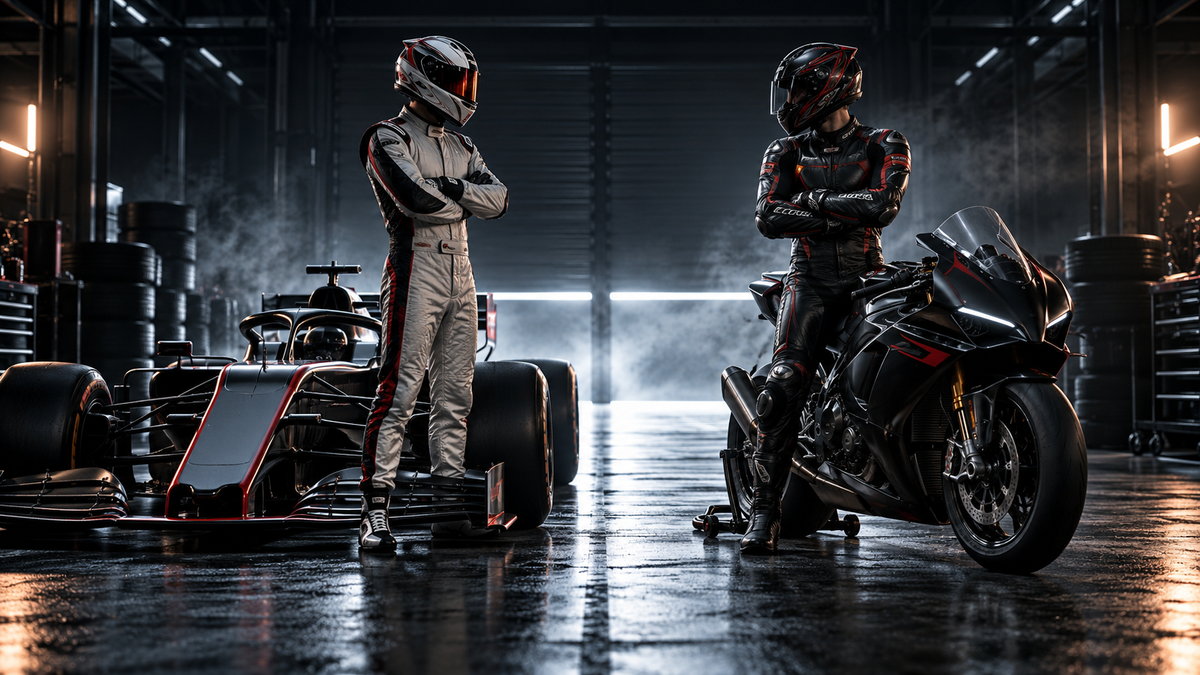 AI-generated comparison artwork of car-racing and motorcycle suits beside their respective vehicles.