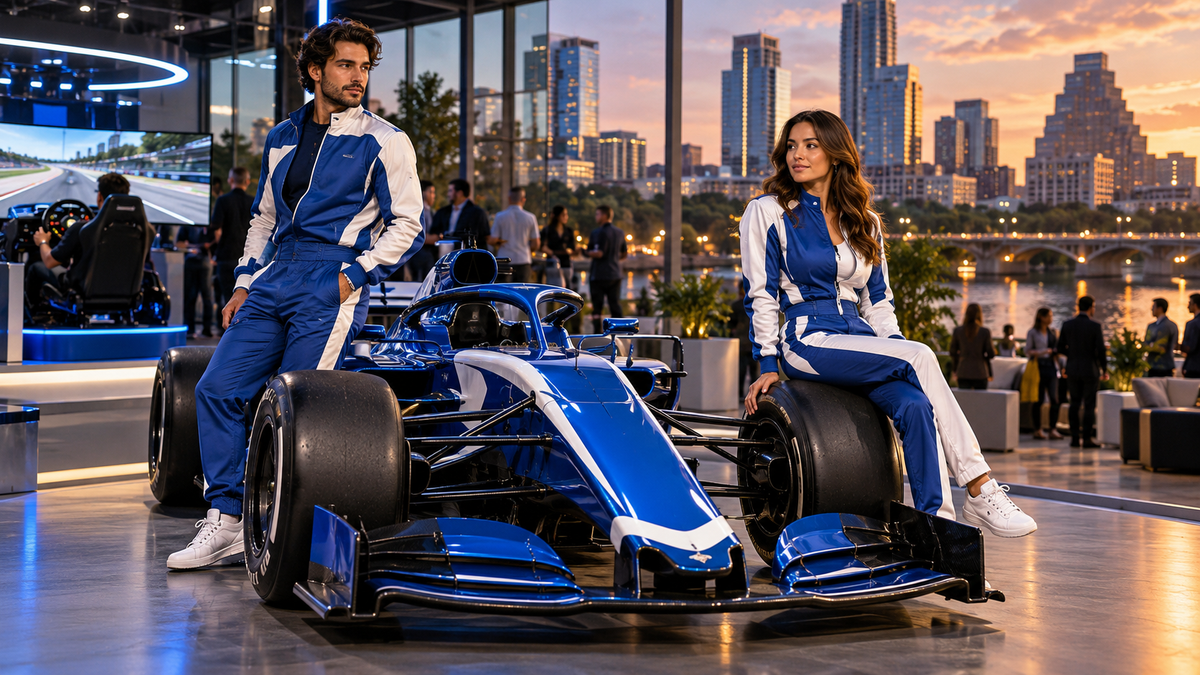 AI-generated fans in blue and white racing suits at an Austin-inspired motorsport fan exhibition.