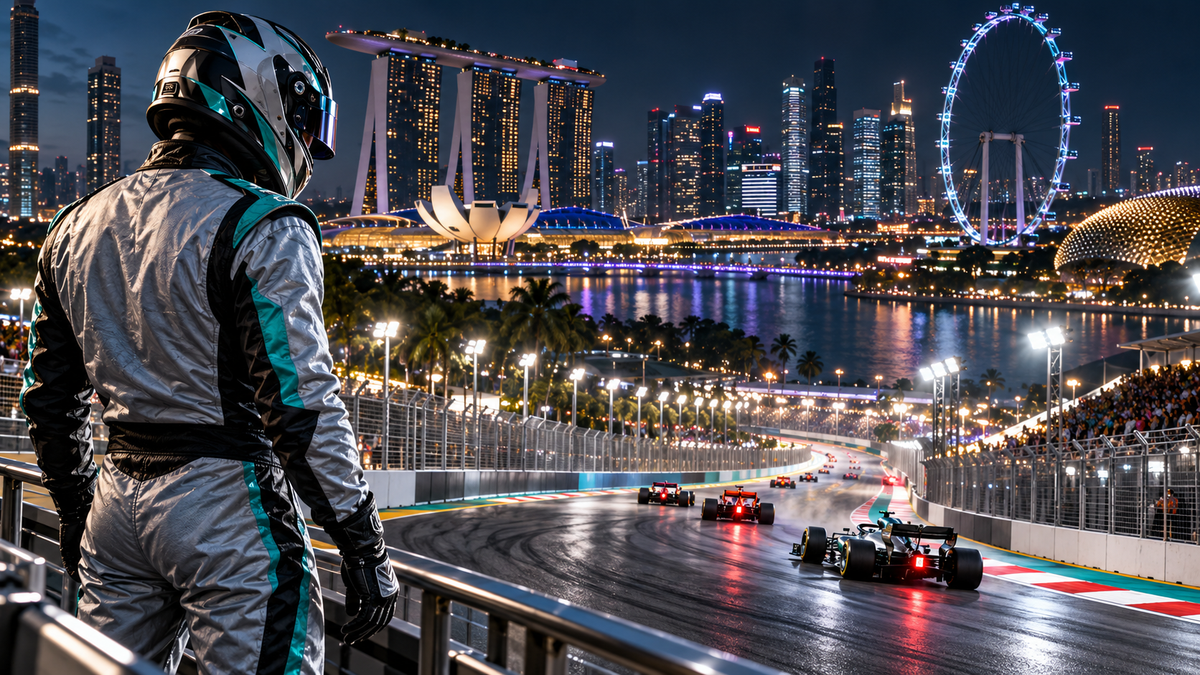 AI-generated silver and teal racing suit overlooking a Singapore-inspired night circuit.