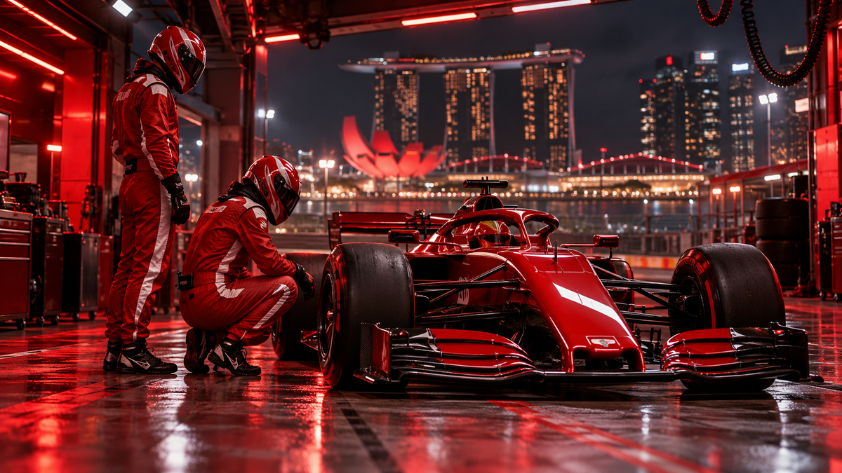 AI-generated racers in red suits beside a red car for the Ferrari after Singapore suit guide.