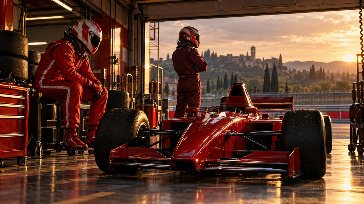 AI-generated artwork of two red racing-suit styles beside a car for the Vettel and Raikkonen classic-era guide.