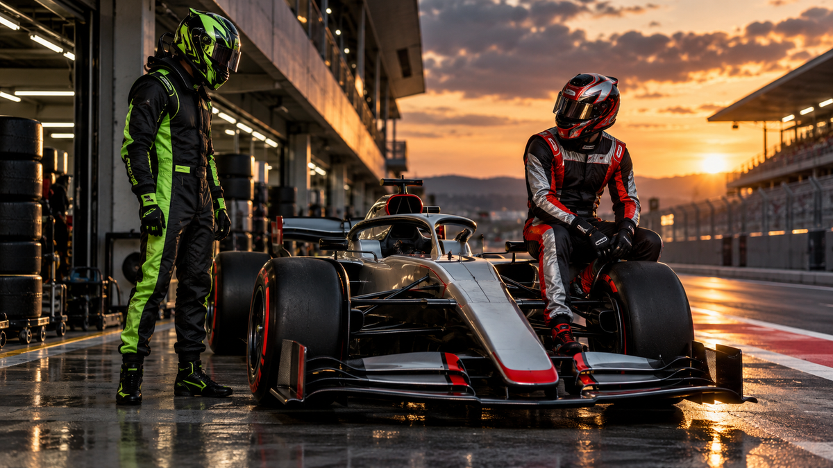 AI-generated lime-green and silver-red racing suits for the Gabriel Bortoleto Sauber and Audi guide.