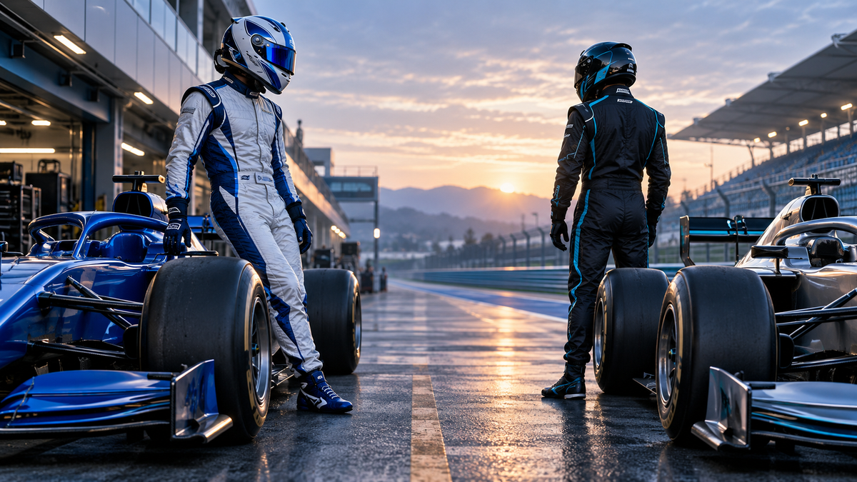 AI-generated white-blue and black-teal racing suits for the George Russell Williams and Mercedes guide.