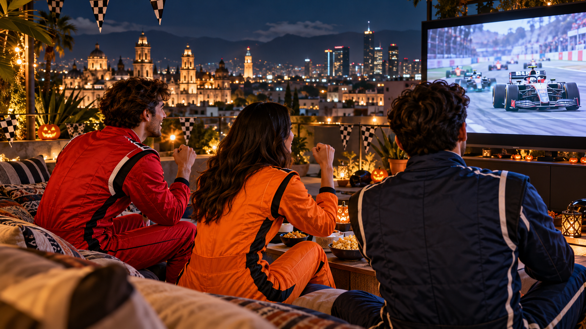 AI-generated Halloween racing watch party with fans in colourful suits and a Mexico City-inspired skyline.