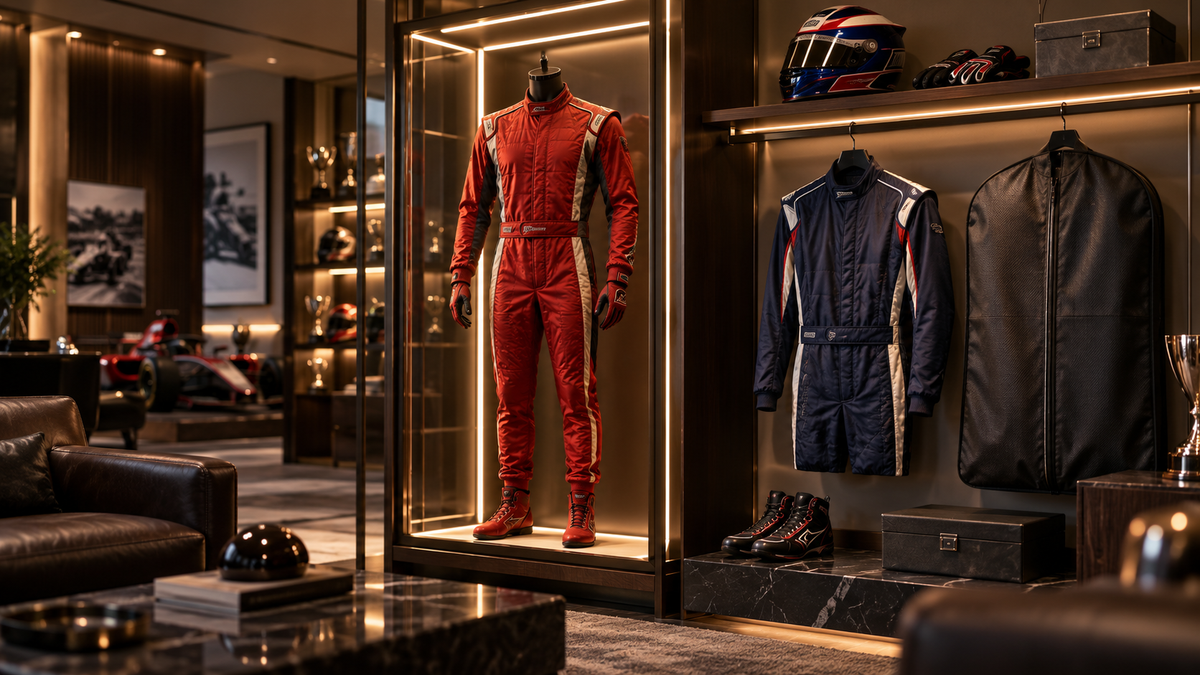 AI-generated racing suit collection with a mannequin display, padded hanger and garment bag in a fan room.