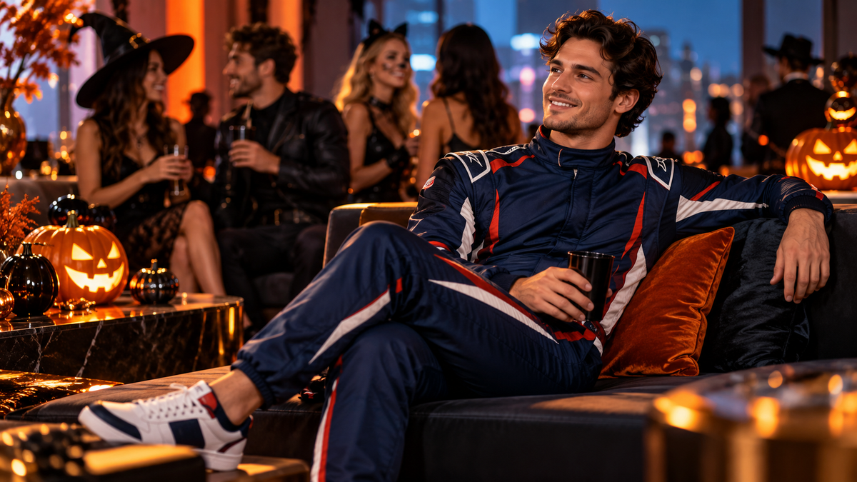 AI-generated fan sitting comfortably in a navy racing suit at a Halloween party.
