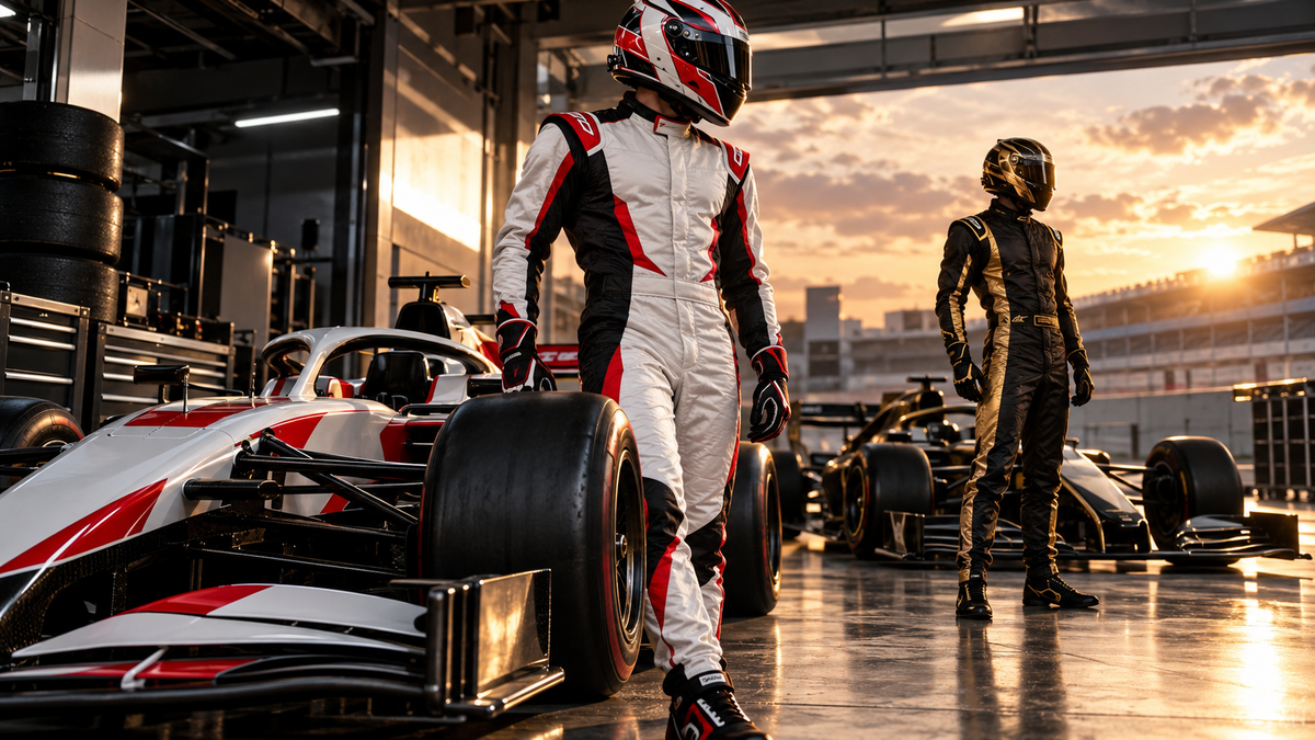 AI-generated white-red and black-gold racing suits for the Kevin Magnussen Haas designs guide.