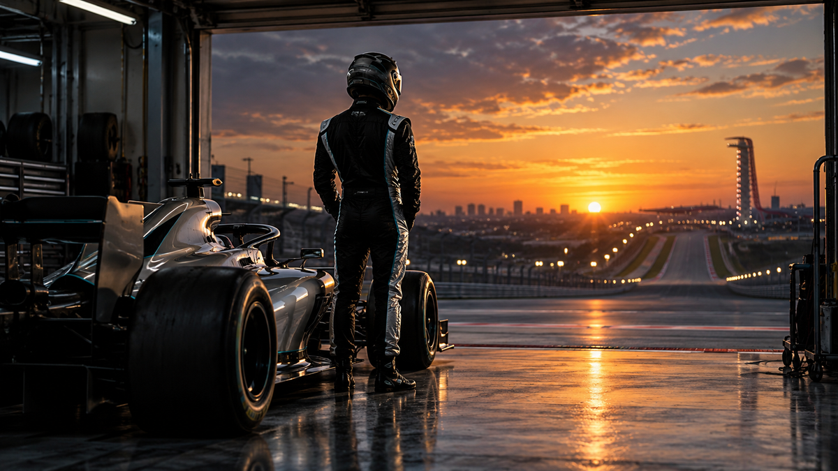 AI-generated racer in a silver, black and teal suit for the Antonelli racing suit and Austin guide.