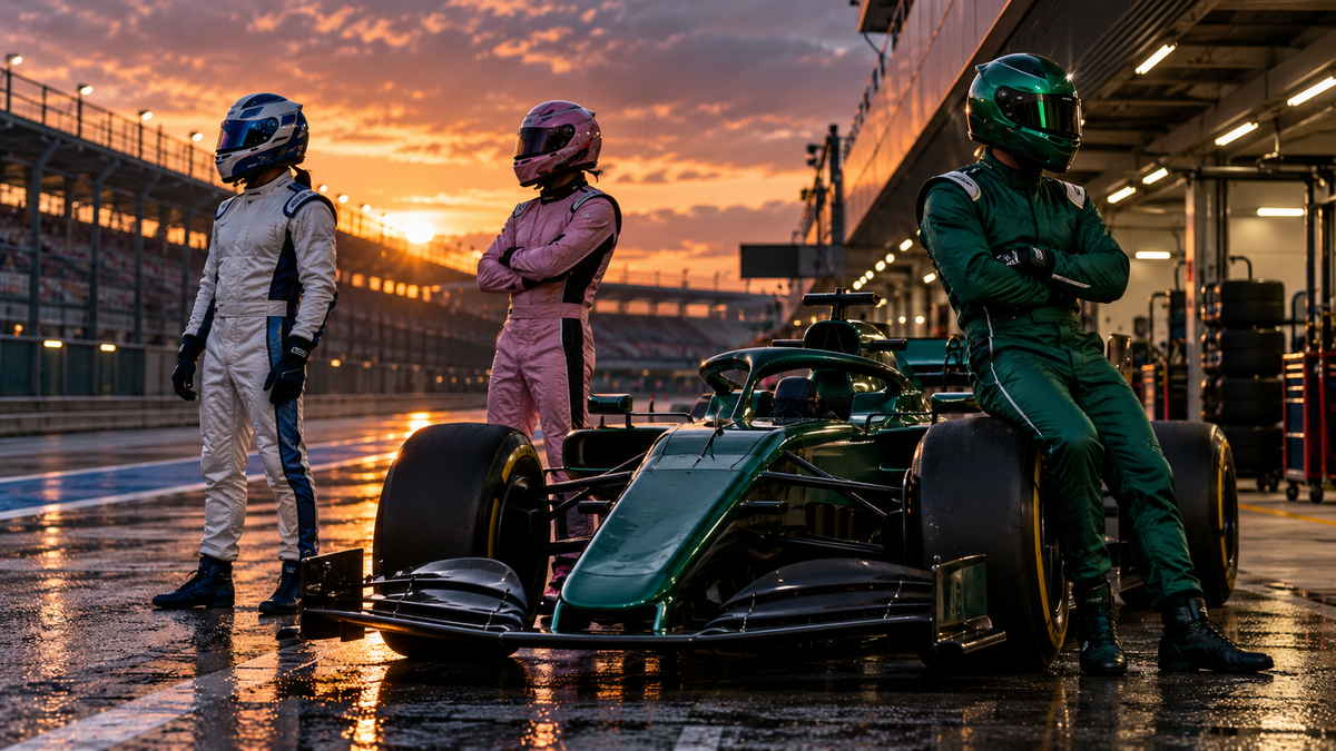 AI-generated white-blue, pink and green racing suits for the Lance Stroll career designs guide.
