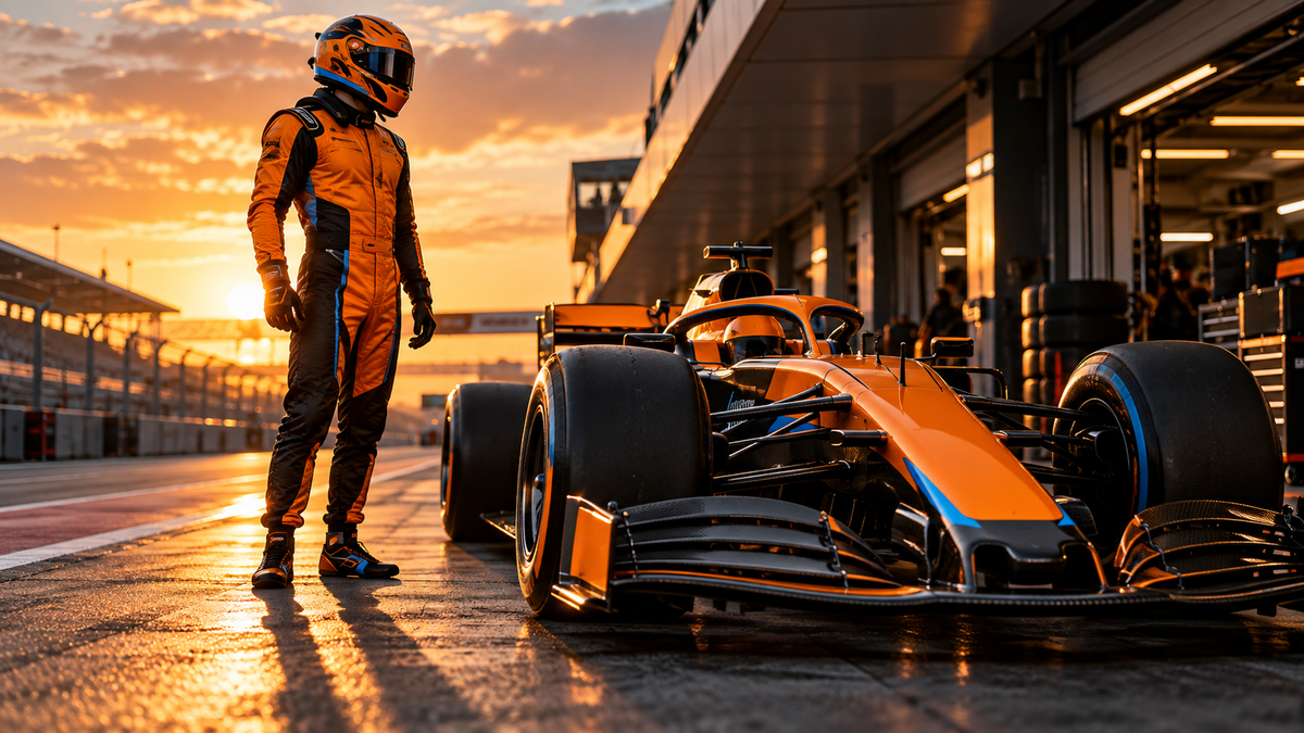 AI-generated orange and black racing suit in a sunlit pit lane for the Lando Norris McLaren suit guide.