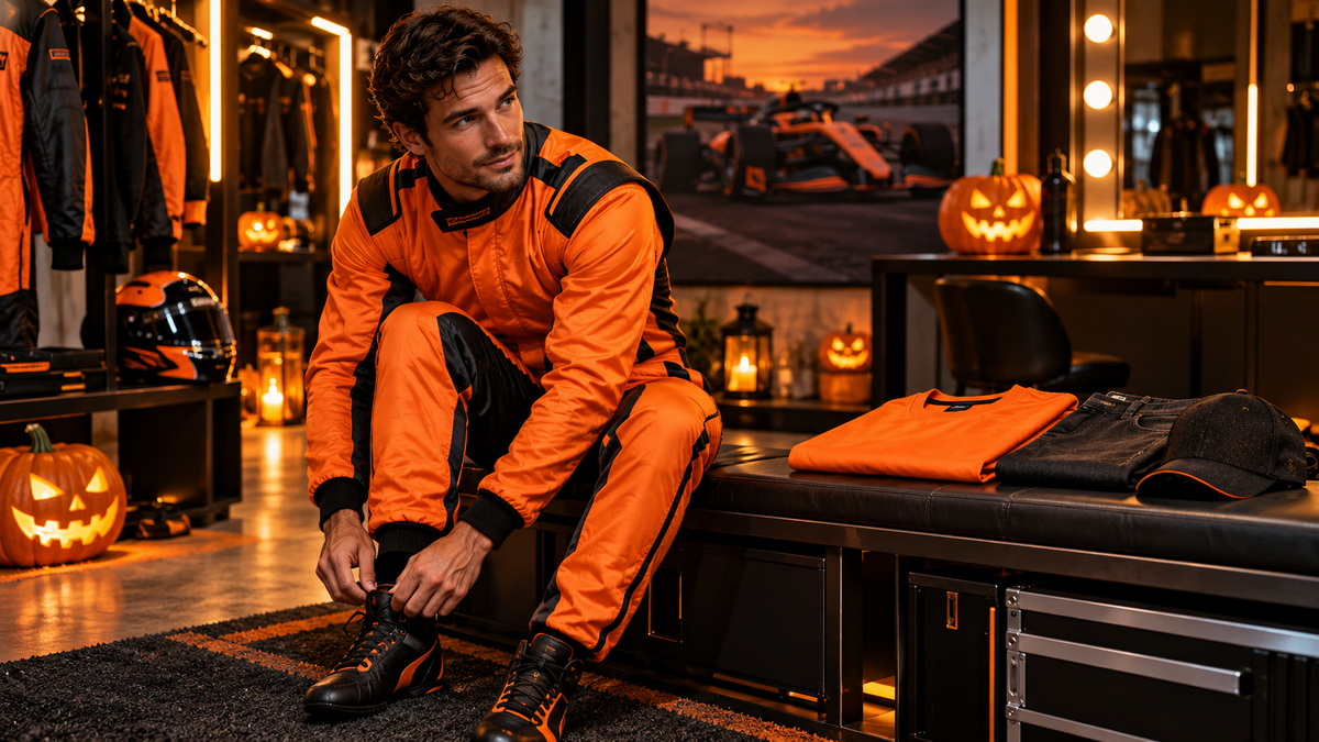 AI-generated Halloween outfit preparation with an orange racing suit and a casual backup outfit.
