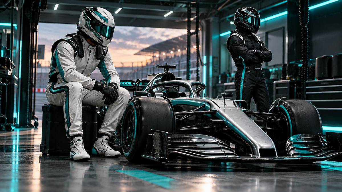 AI-generated white and black racing suits with teal accents for the Hamilton Mercedes-era suit guide.