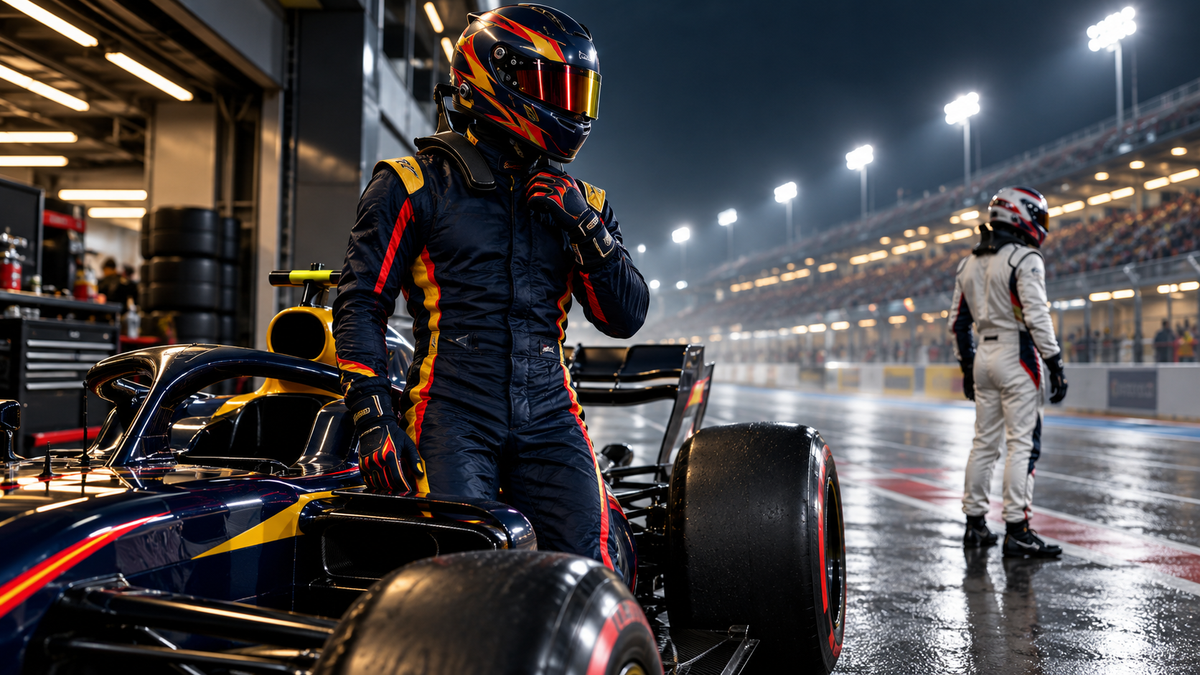 AI-generated navy and white racing suits beside an open-wheel car for the Verstappen Red Bull suit guide.