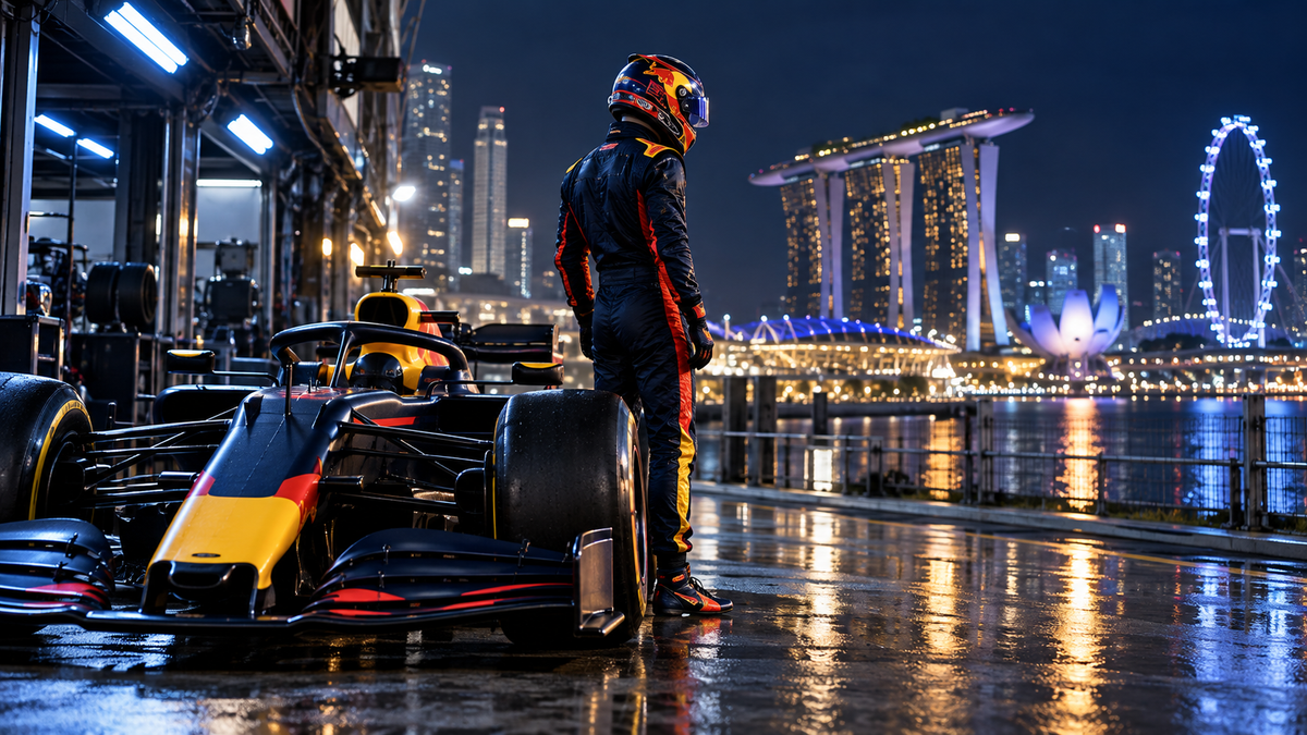 AI-generated navy, red and yellow racing suit beside a car at a Singapore-inspired night circuit.