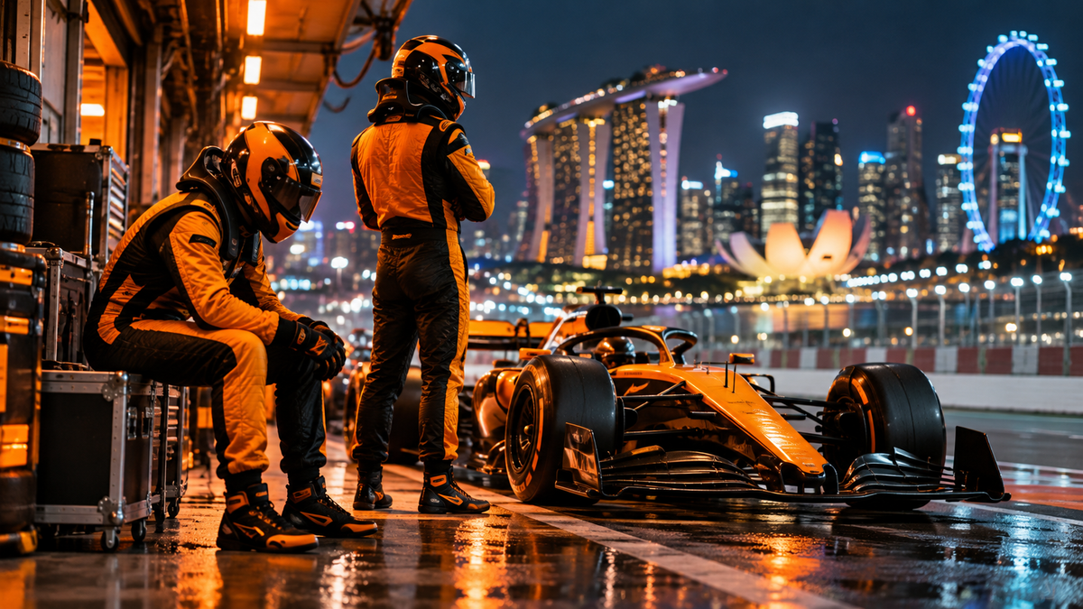 AI-generated racers in papaya orange suits beside a car for the Norris and Piastri Singapore guide.