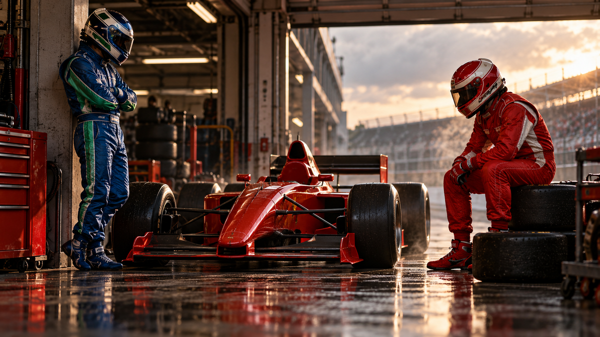 AI-generated tribute showing blue-green and red racing suits beside a classic car for the Michael Schumacher designs guide.