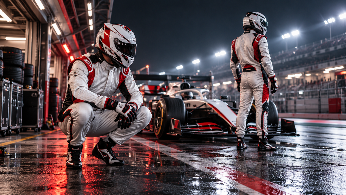 AI-generated artwork of two white racing suits with red and black accents for the Mick Schumacher Haas-era guide.