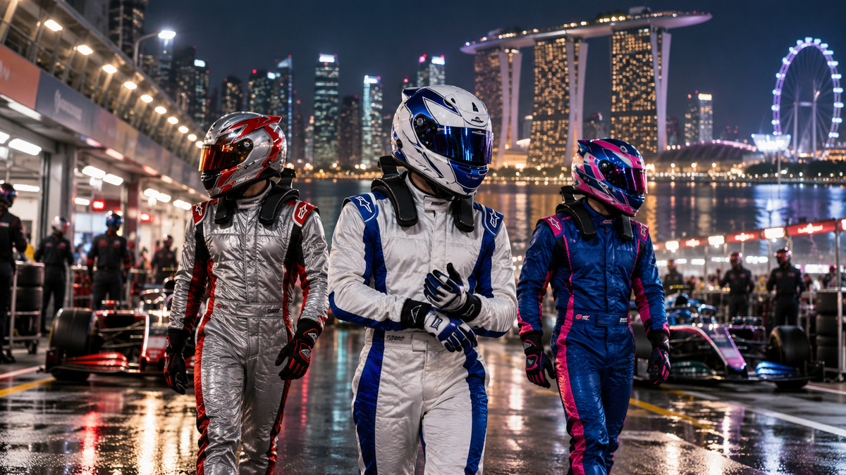 AI-generated silver-red, white-blue and blue-pink racing suits for the midfield teams after Singapore guide.