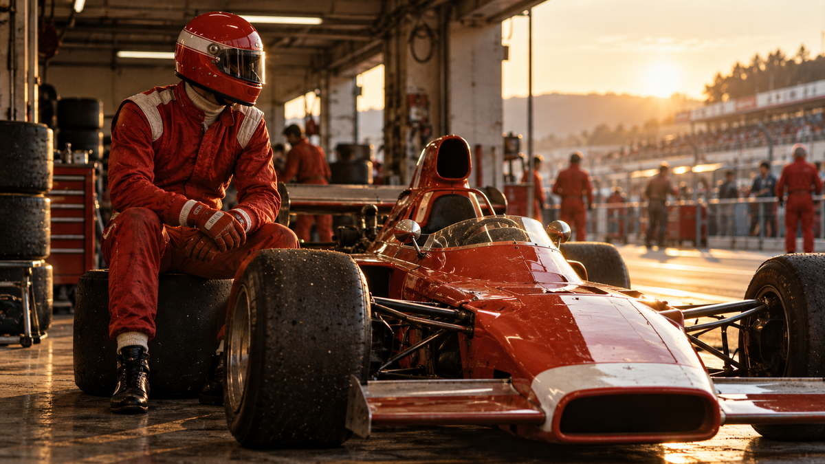 AI-generated 1970s-inspired racing scene with red overalls and a vintage car for the Niki Lauda 1976 guide.