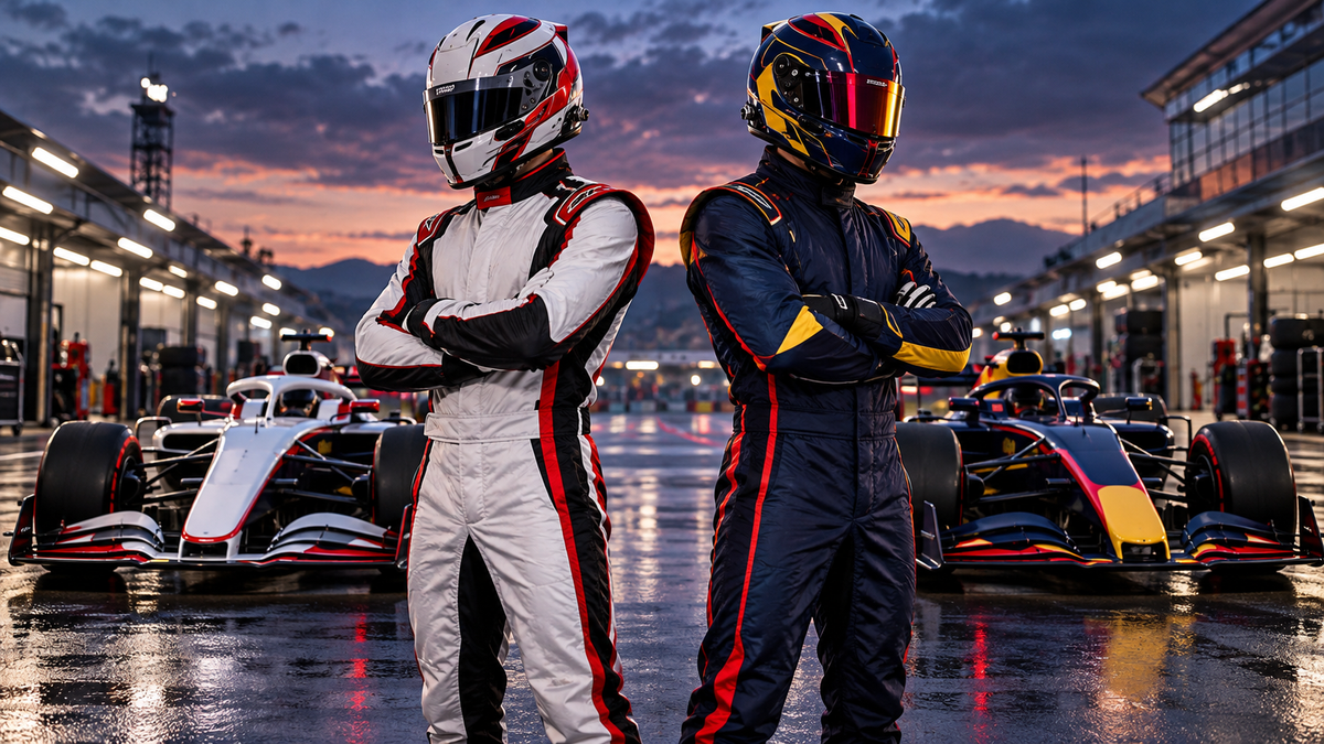 AI-generated white-red and navy racing suits for the Oliver Bearman and Liam Lawson 2025 guide.