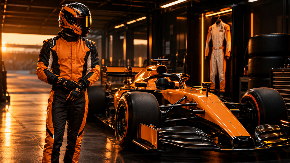 AI-generated orange-black and white-orange racing suits for the Oscar Piastri McLaren suit guide.