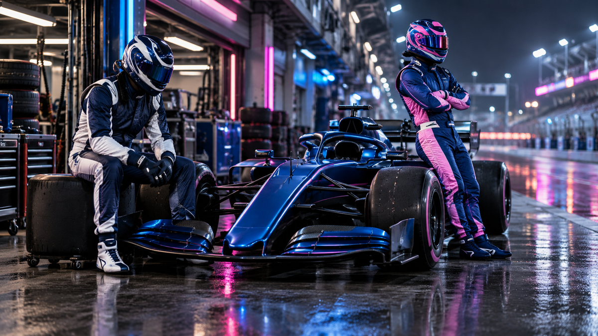 AI-generated artwork of navy-white and blue-pink racing suits beside a blue car for the Pierre Gasly guide.