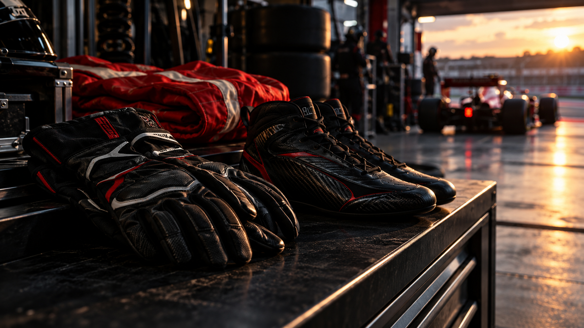 AI-generated artwork of black racing gloves and shoes beside a folded red suit on a garage bench.