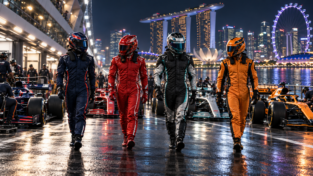AI-generated racers in varied team-inspired suits at a Singapore-style night circuit for the race roundup.