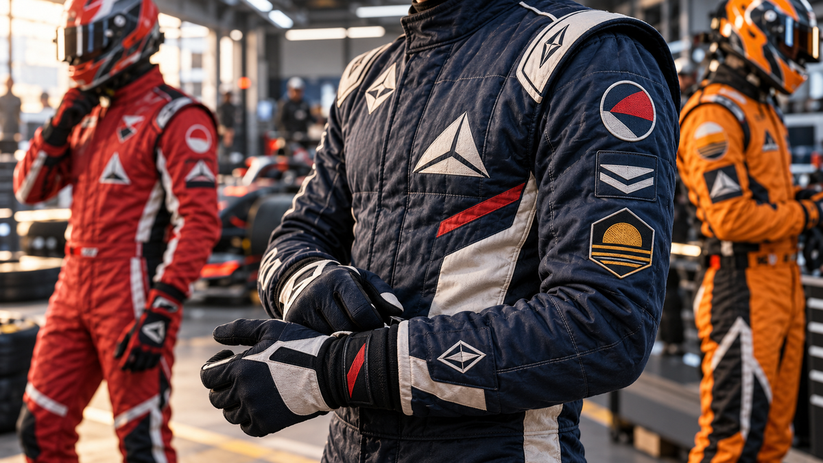 AI-generated close-up of fictional sponsor-style patches and stitching on a racing suit.