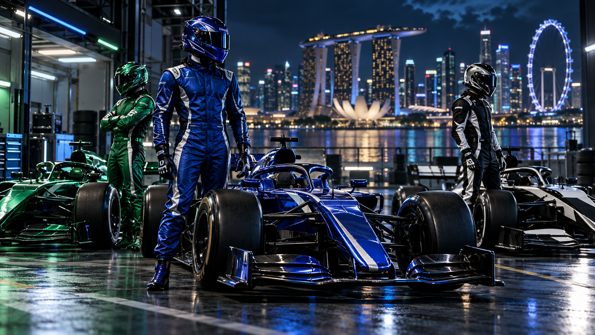 AI-generated blue, green and black-white racing suits for the Williams, Aston Martin and Cadillac guide.