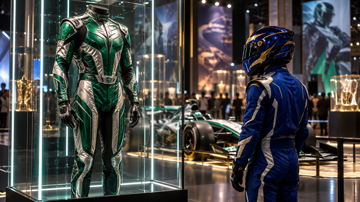 AI-generated racing suit display and blue-suited fan illustrating collectible versus replica choices.