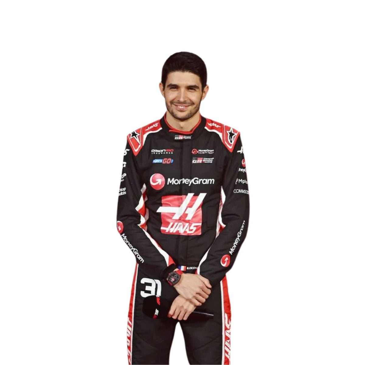 Esteban Ocon Haas 2025 F1 racing suit detail view
