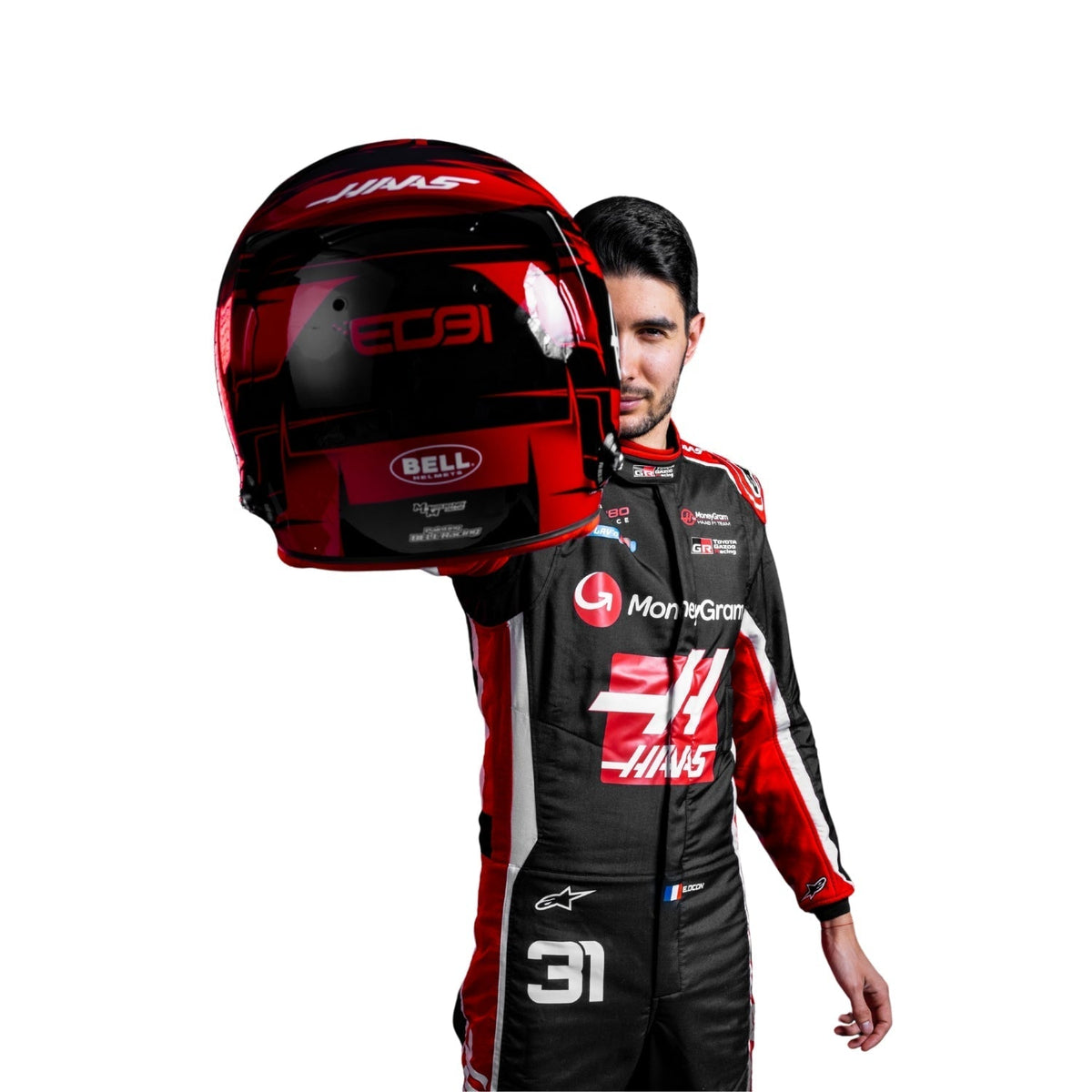 Esteban Ocon Haas 2025 F1 racing suit side view