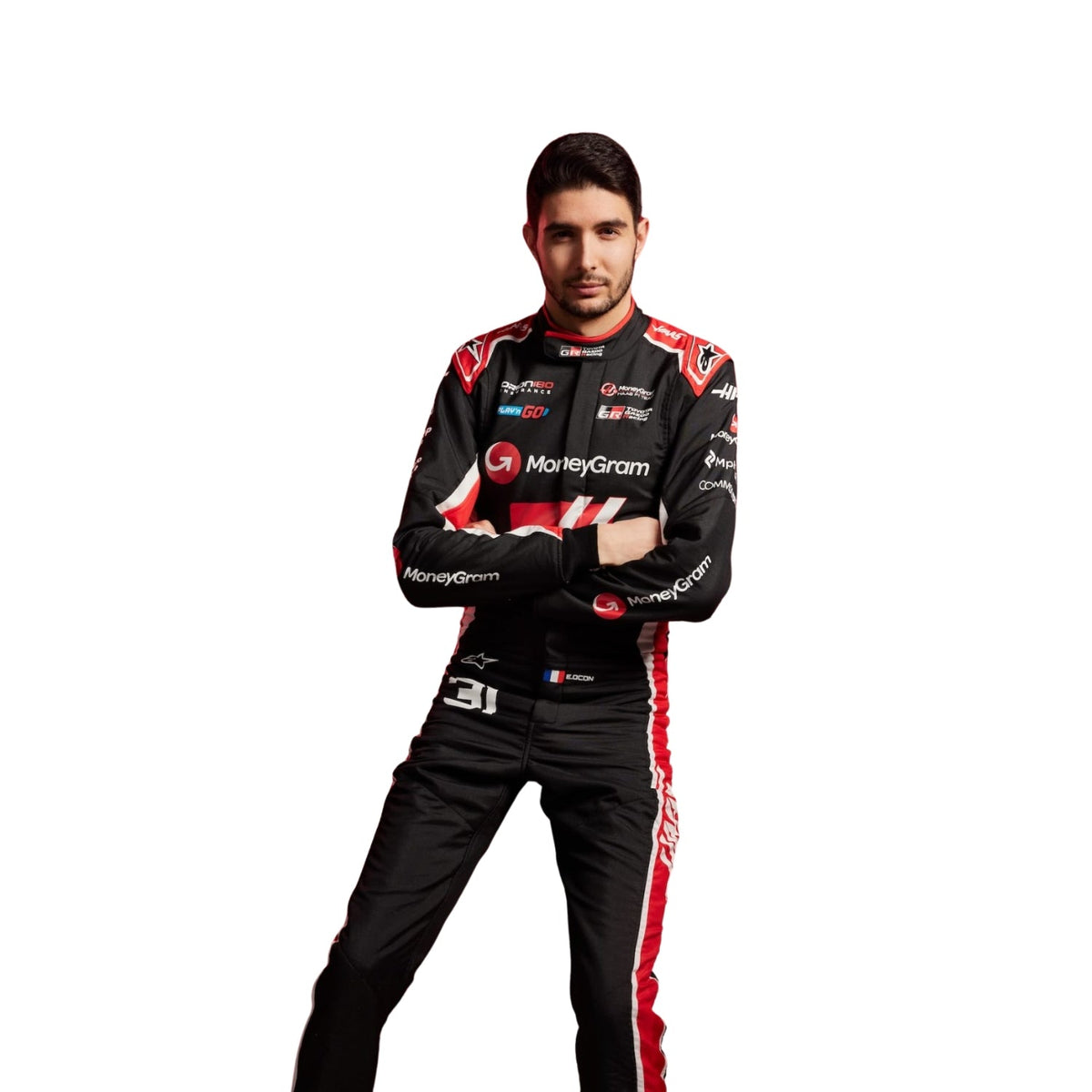 Esteban Ocon Haas 2025 F1 racing suit close-up